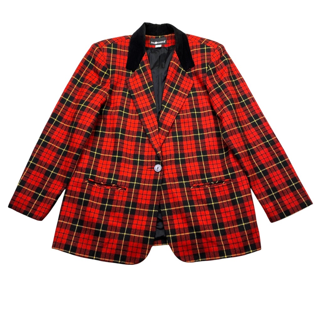 Sag Harbor Vintage Red Plaid Wool Blend Blazer Velvet Collar Size 16 Western